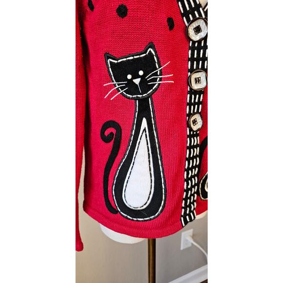 Vintage Timberlea Ramie Oversize Button Knit Cat Cardigan Sweater Women Sz S Red - Picture 2 of 8